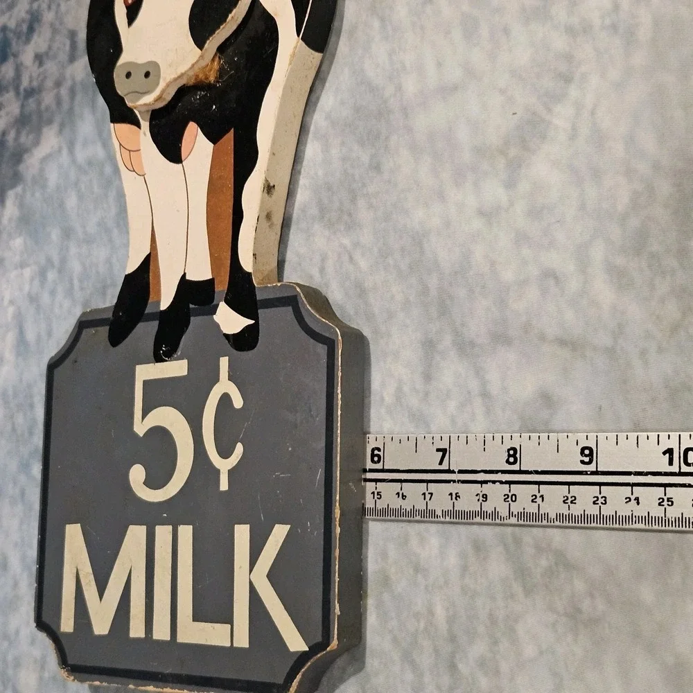 Vintage 5¢ Milk Cow Wooden Wall Sign Farmhouse Kitchen Dairy Decor
